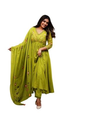 41XrV-GiIQL branded Women's Cotton Embroidered Long Anarkali Kurti with pant and Dupatta Set