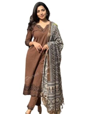 51Ee8ADFV3L Women Pure Cotton Embroidery Straight Kurti with Pant & Dupatta Set (Brown)