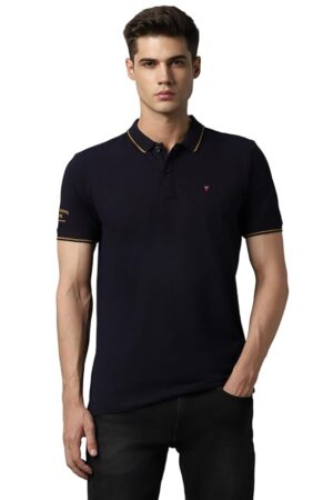 51Zh0mRlCyL._SY879_ Louis Philippe Men's Slim Fit Single-Tuck Pique Stylized Sleeve Print and Contrast Tipping Half Sleeve Solid Polo Tshirt