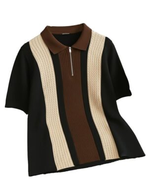 51o3uMcvGSL AUSK Men's Retro Cable-Knit Quarter-Zip Polo | Premium Textured Self-Design Half Sleeve T-Shirt for Men