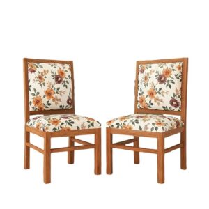 KENDALWOOD Furniture | Solid Sheesham Wood Dining, Study Chair | Multipurpose Chair Set of 2 | Finish:- Honey Finish with Flower Printed Cushions | Pre-Assembled | 1 Year Warranty |