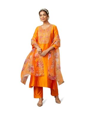71IEfRG29WL._SY879_ Amazon Brand - Myx Women's Kurta Pant Set with Embroidered Organza Dupatta | A-line fit (Available in Plus Sizes)