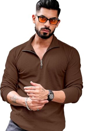 81l69obPixL._SY879_ KAJARU Men's Polyester Blend T Shirt with Spread Collar Neck Line Zipper Closure Full Sleeves Solid Pattern Regular Fit and Standard Length